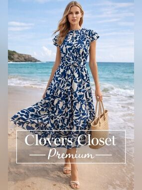 Blue & White Midi Dress Ruffle Sleeve Tie Waist Tiered Skirt Cottage Coastal